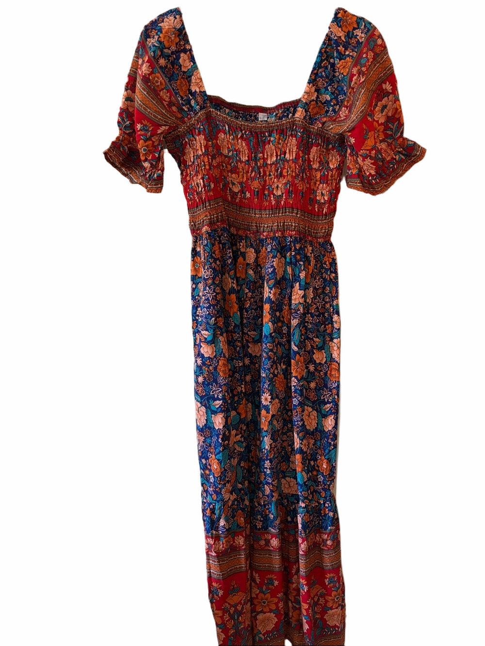 Nagoo XL Pheasant Dress Smocked bodice red, blue Cottage-core, boho maxi.